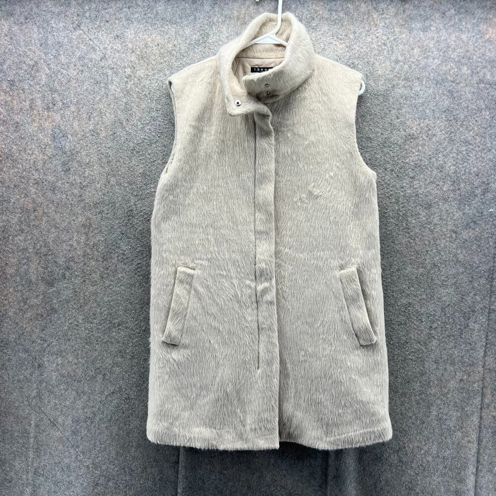 Theory Jacket Womens Small Beige Virgin Wool Faux Fur Padded Quilted Zip Long